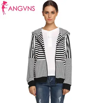 

FINEJO Stylish Ladies Striped Hoodie Long Women Front Pockets Sleeve Loose Casual Pullover Top Sweatershirt