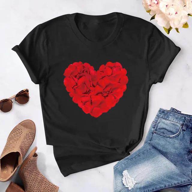 Heart flower print ladies T-shirt ladies casual basis O-collar white shirt short sleeve ladies T-shirt love graphic printing CT-Black-744