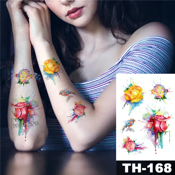 Waterproof Temporary Tattoo Sticker Watercolor rose pattern Romantic line Water Transfer body art flash fake tatoo - Цвет: 09