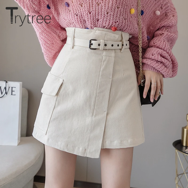 Trytree Autumn Women Casual Empire Short Skirt 5 Colour A-line Fashion Elegant Pockets Button Belt Mini Office Lady Short Skirt