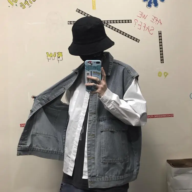 Плюс размер осенний женский мужской повседневный свободный карман Кнопка джинсовый жилет без рукавов уличная Модная Джинсовая куртка Спортивный костюм Топ