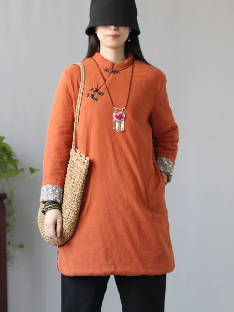 Ethnic-Style Chinese Style Retro Cotton Linen Thick Quilted Cotton-padded Clothes Women's Stand Collar Xie Jin Frog Long Cotton