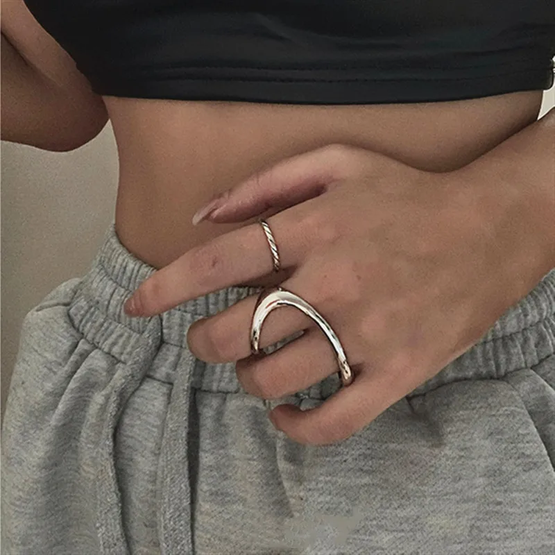 Two-finger Metal Arregular Exaggerated Punk Adjustable Ring for Women Girls Jewelry Gifts