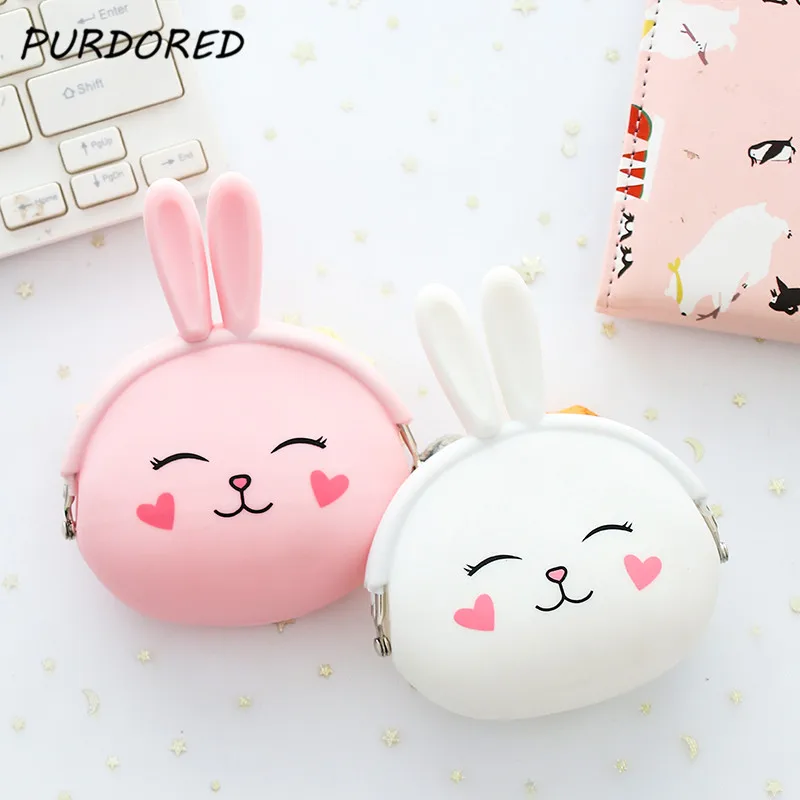 PURDORED, 1 шт., милый кролик, кошелек для монет, силикагель, мини, кавайный, мультяшный, чехол для монет, для женщин, девушек, маленький наушник, кошелек, мягкая сумка для монет