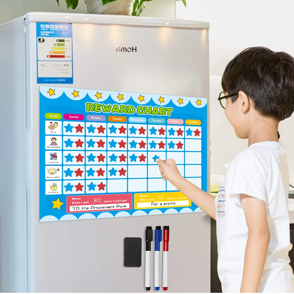 

Magnetic Kids Calendar Responsibility Chart Time Toys 100 Star Magnets to Track Schedules Tasks Behavior Reward Record Board