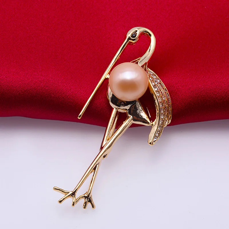 JYX New Crane Design Pearl Brooch 11.5mm pink natural freshwater pearls pins shinning zircon rosa elegant gift