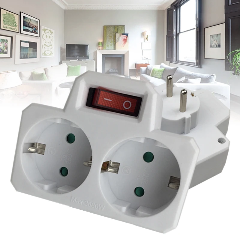 

1Pc New 250V 16A Double Socket Conversion Socket With Outlet Switch Plug EU Standard ABS Multiple Plug 92*78*68mm