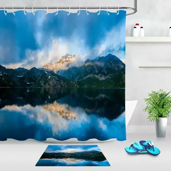

Waterproof Fabric Mountain Lake Scenery Shower Curtain Set Bathroom Rug Hooks