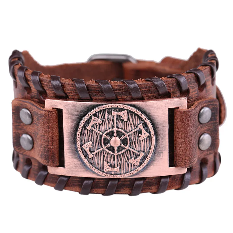 wide brown-copper Skyrim Викинг подвеска в виде топора широкий кожаный браслет браслеты скандинавские мифологические скандинавские славянские амулет Коловрат Wicca Pulseira ювелирные изделия - Окраска металла: wide brown-copper