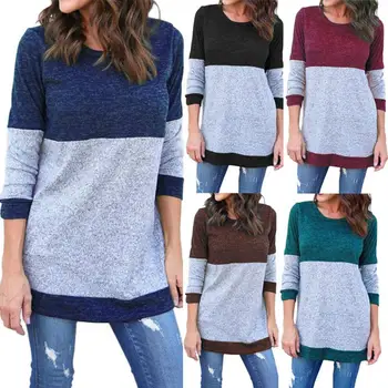 

New 2019 Autumn Winter Sweater Women Round Neck Minimalist Fashionable Knitting Casual Stitching color Sweater