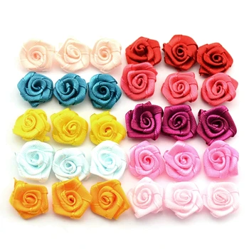 

100pcs Handmade Satin Ribbon Rose Flower Bow Appliques Wedding Decor Appliques Sewing DIY Accessories Color Random delivery