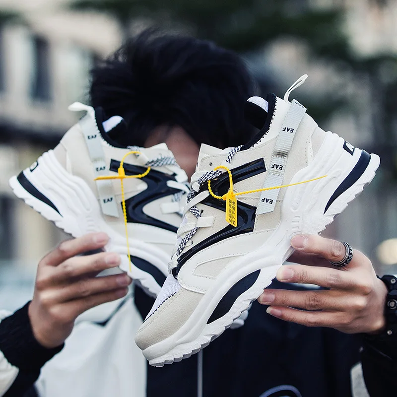 

Autumn & Winter Trend Dad Shoes Thick Bottomed-Style Athletic Shoes New Style Leather Stitching Trendy Shoes Extra High Running