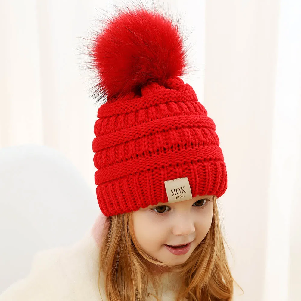 

2019 Winter Kids Girls Boys Hat Toddler Baby Cap Infant Warm Fur Pompom Hat Crochet Knitting Bonnet Beanie Cap for Children
