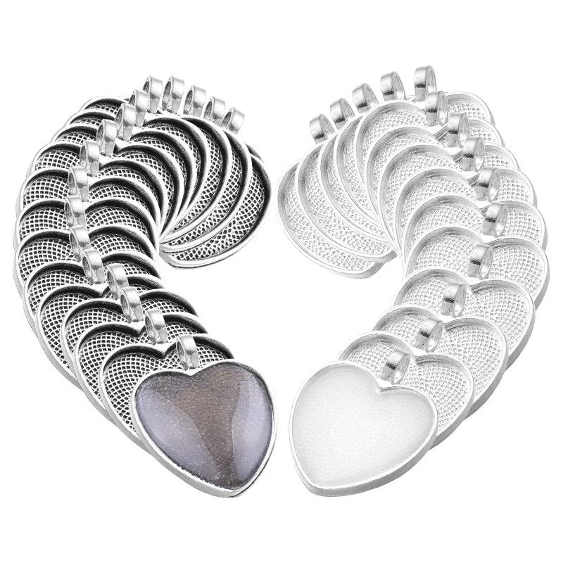 

30 Set 25mm Heart Shape Cabochons & Cabochon Setting Silver Color Base Trays for DIY Charms Pendant Jewelry Making