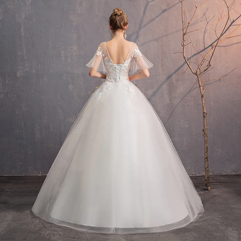 Robe De Mariee свадебное платье с иллюзией бальное платье с круглым вырезом и коротким рукавом на шнуровке свадебное платье с аппликацией для невесты Gelinlik