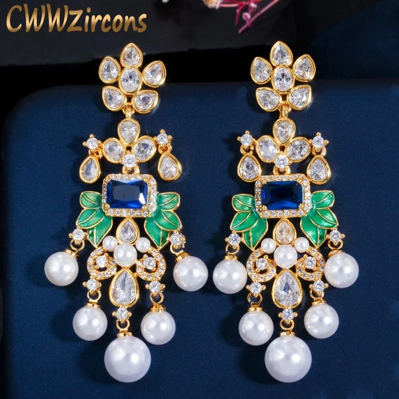 

CWWZircons Flowers Cubic Zircon CZ Long Dangle Pearl Earrings for Women African Bridal Earring aretes de mujer modernos CZ656