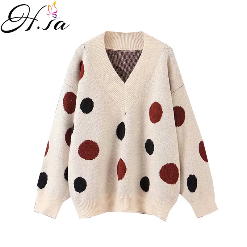 H. SA женский свитер большого размера, черный, крупный горох, свободный свитер, джемперы с v-образным вырезом в Корейском стиле, черные Повседневные свитера в горошек