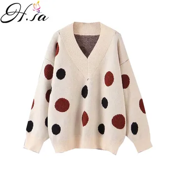 

H.SA oversized sweater Women Black Big Dots Loose Sweater Jumpers V neck Korean Style Robe Pull Black Casual Sweaters Dots Pull