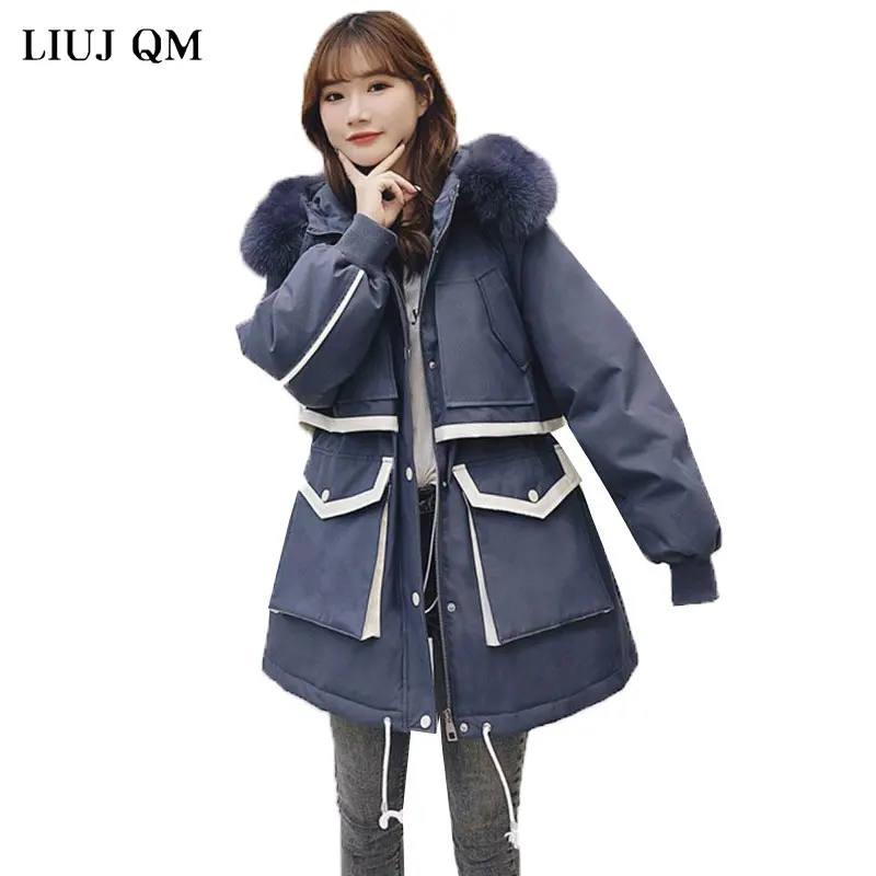

Real Fox Fur Collar Tooling 2020 Winter Down Jacket Women's Mid-Length New Korean Waist Long Sleeve Big Pocket Slim Parka Coat