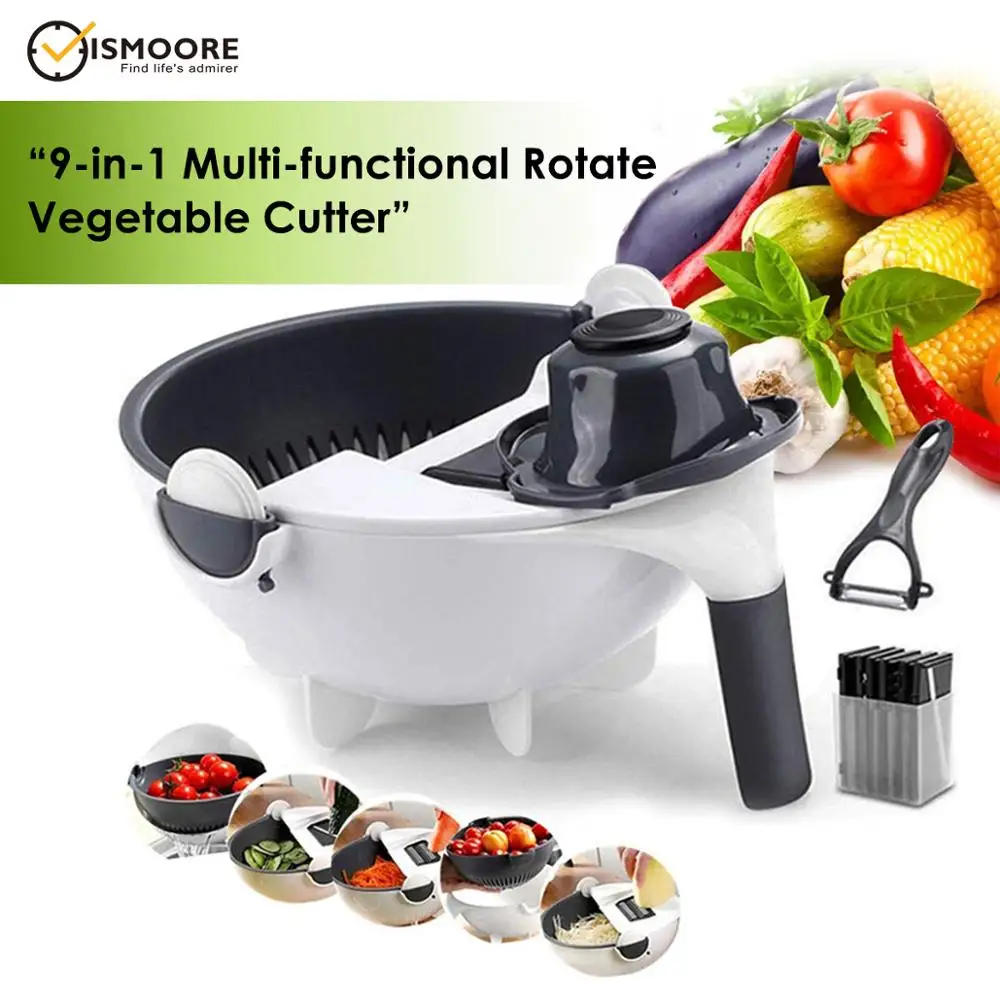 9 in 1 Multi-functional Rotate Vegetable Slicer Potato Peeler Carrot Onion Grater with Strainer Fruit Cutter & Shredders