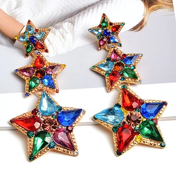 

New Arrive Statement Star-Shaped Colorful Rhinestone Long Dangle Drop Earrings High-Quality Fashion Crystals Jewelry Accessories