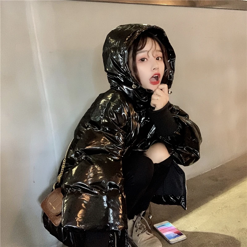 Kpop, женские зимние куртки, парка с капюшоном, Глянцевая верхняя одежда в Корейском стиле, милые теплые хлопковые пальто для девочек, водоотталкивающие, OK134