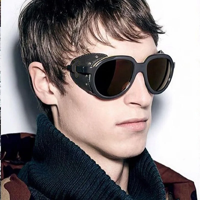 Luxury Oversized Round Steampunk Polarized Sunglasses with Leather Trim