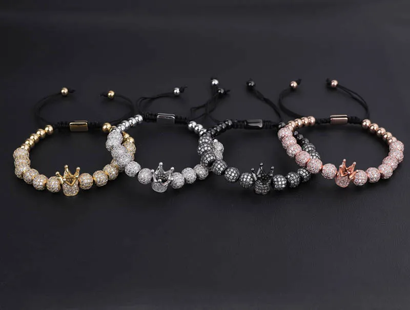 High Quality Luxury Men Women Jewelry Bracelet 8mm CZ Micro Pave Ball Crown Adjustable Beads Bracelet - Image 6