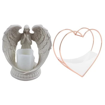 

Flowerpot Wall Hanging Decor Succulent Planter Rose Gold +White & Creative Resin Angel Figurines Electronic Candlestick