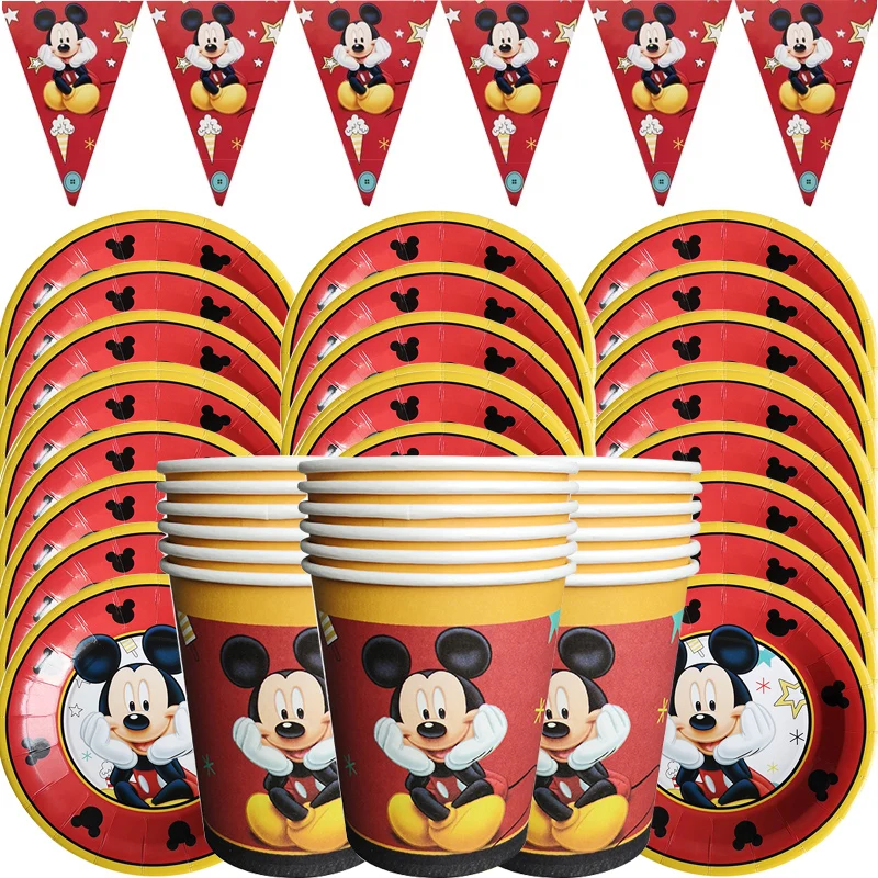 

12 People Mickey Mouse baby one year old birthday party total 26pcs Disposable tableware decor banner birthday party supplies
