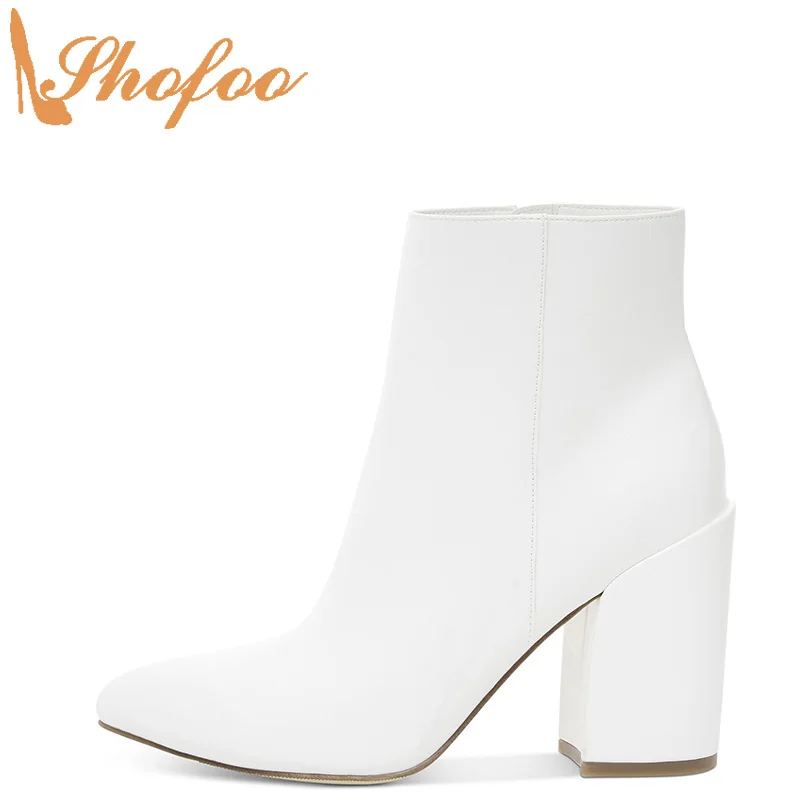 Botines blancos altos tacones gruesos Mujer puntiagudos botines tamaño  grande 12 15 señoras invierno moda Botas Mujer Zapatos Shofoo|Botas hasta  el tobillo| - AliExpress