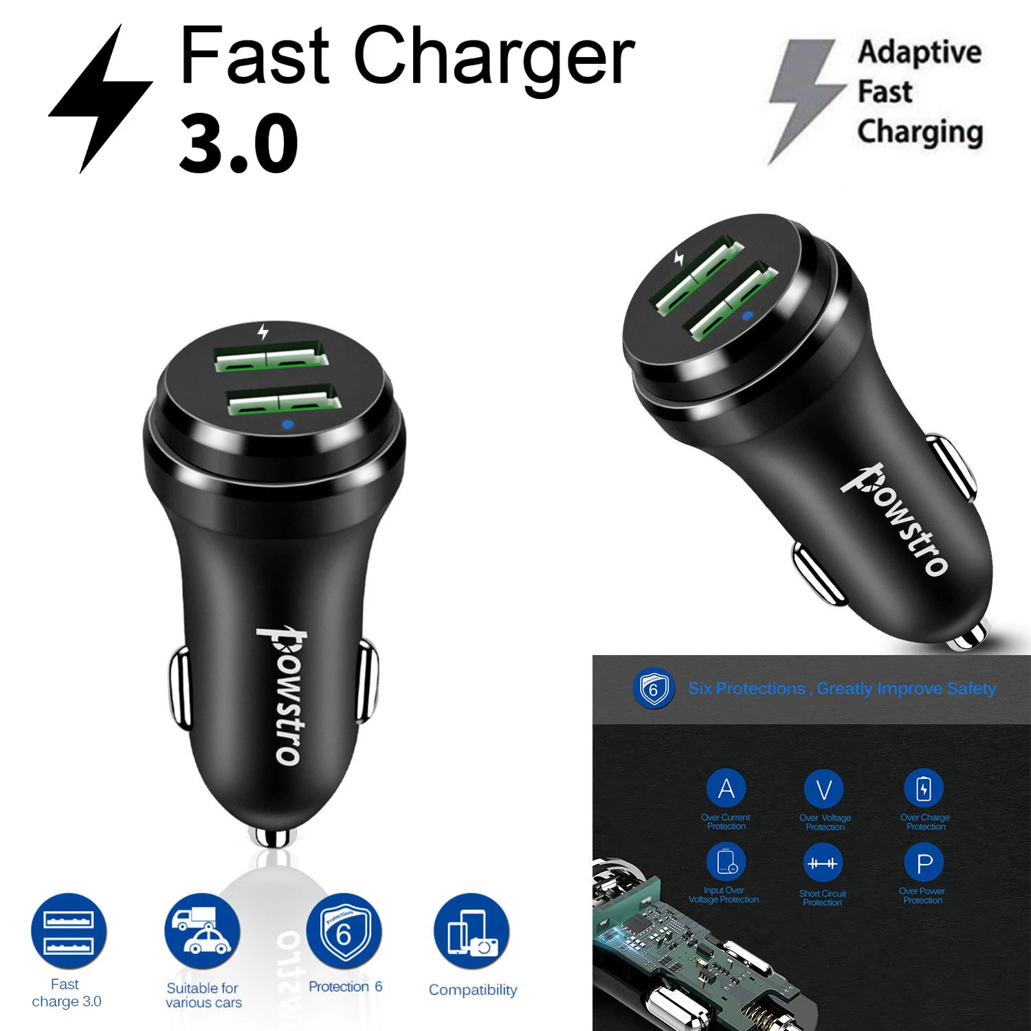 Powstro Quick Charge Dual QC3.0 USB 5 в 3 А автомобильное зарядное устройство адаптер для смартфона Быстрая зарядка для samsung S8 iPhone 8 планшеты gps