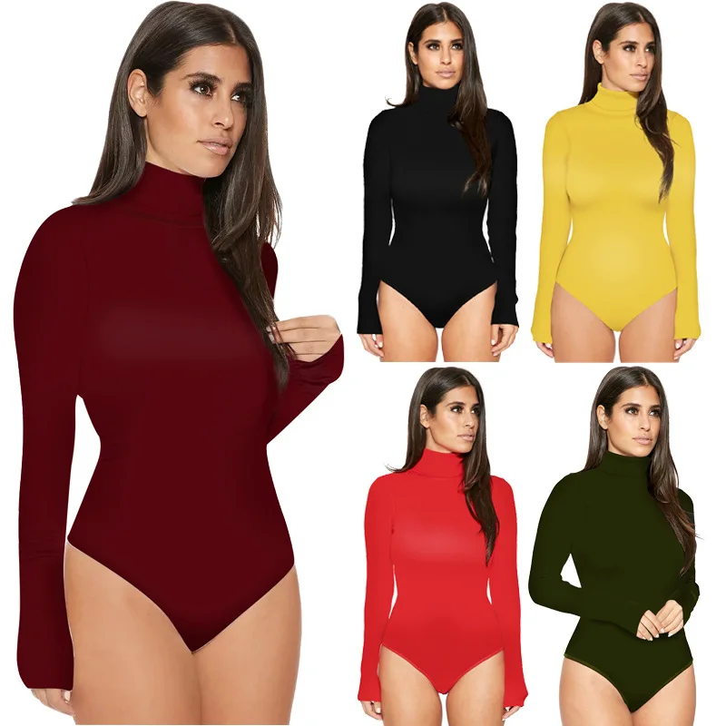 Turtleneck Long Sleeve Women Bodysuits Elastic Slim Elegant Femme Jumpsuits High Waist Autumn Winter Clothing Female 12 Colors