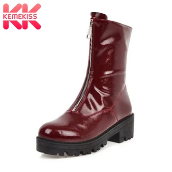 

KemeKiss 2020 Women Plus Size 34-46 Ankle Boots Platform Round Toe Pu Leather Short Boots Office Work Retro Botas Footwear