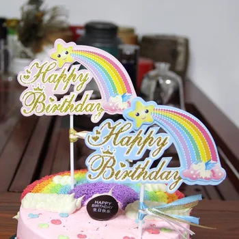 

Rainbow Cake Topper Kids Happy Birthday Ribbon Cupcake Toppers Flags Cake Baking Baby Shower Party Wedding DIY Decor New Xmas