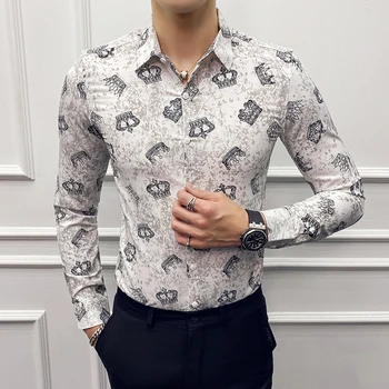 

Mens Dress Shirts Long Sleeve White Slim Fit Casual Shirt High Grade Fashion Printed Vintage Luxury Blouse Male Button Up Smart