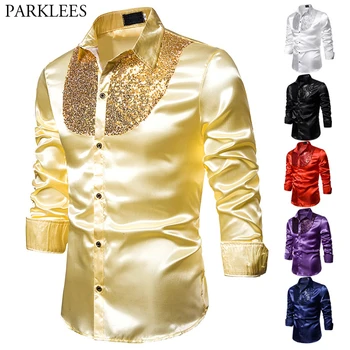 

Mens Shiny Gold Sequins Patchwork Western Boy Shirts Casual Silk Slim Fit Men Silk Shirt Party Dance Stage Prom Festival Costume