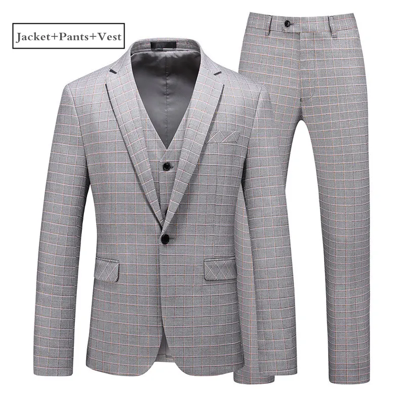 Plyesxale, мужские серые клетчатые костюмы из трех частей, приталенный Свадебный костюм жениха, смокинг, высокое качество, деловой мужской костюм Q946 - Цвет: Jacket Pants Vest