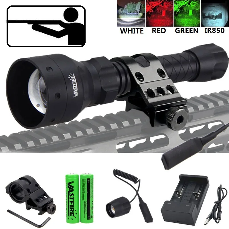 

T50 White/Green/Red/IR 850 Tactical LED Flashlight 18650 Battery Aluminum Torch Lamp Lantern for Hunting with Charge Mount Hold