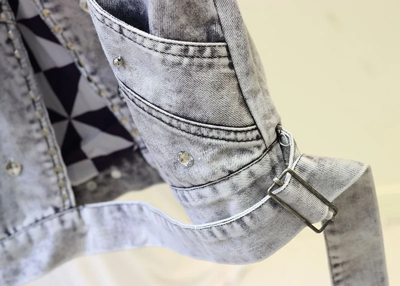 New Riveted Sequined Suit Collar with Drilled Jeans Short Jacket Women Long Sleeve Fashion Street Jacket Lady Autumn Short Coat