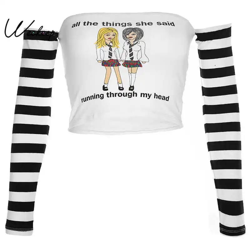 Укороченная полосатая футболка Weekeep с вырезом лодочкой, Женская Повседневная футболка с длинным рукавом и принтом, женский укороченный топ - Цвет: Белый