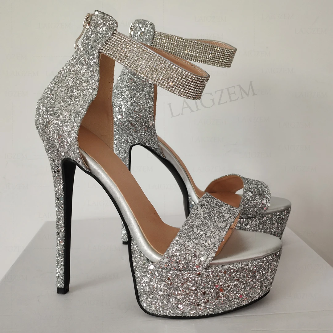 

SEIIHEM Bling Women Platform Sandals Back Zip Glitter Toe Stiletto Heels Sapato Wedding Prom Shoes Women Plus Size 41 46 50 52