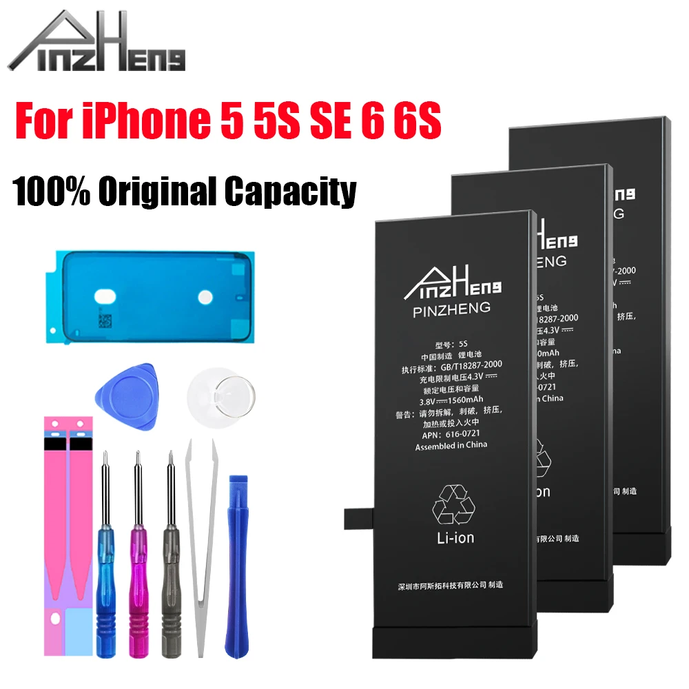 

PINZHENG Original Capacity Phone Battery For iPhone 5 5S SE 6 6S Replacement Bateria With Tools Kit 0 Cycle Moble Phone Battery