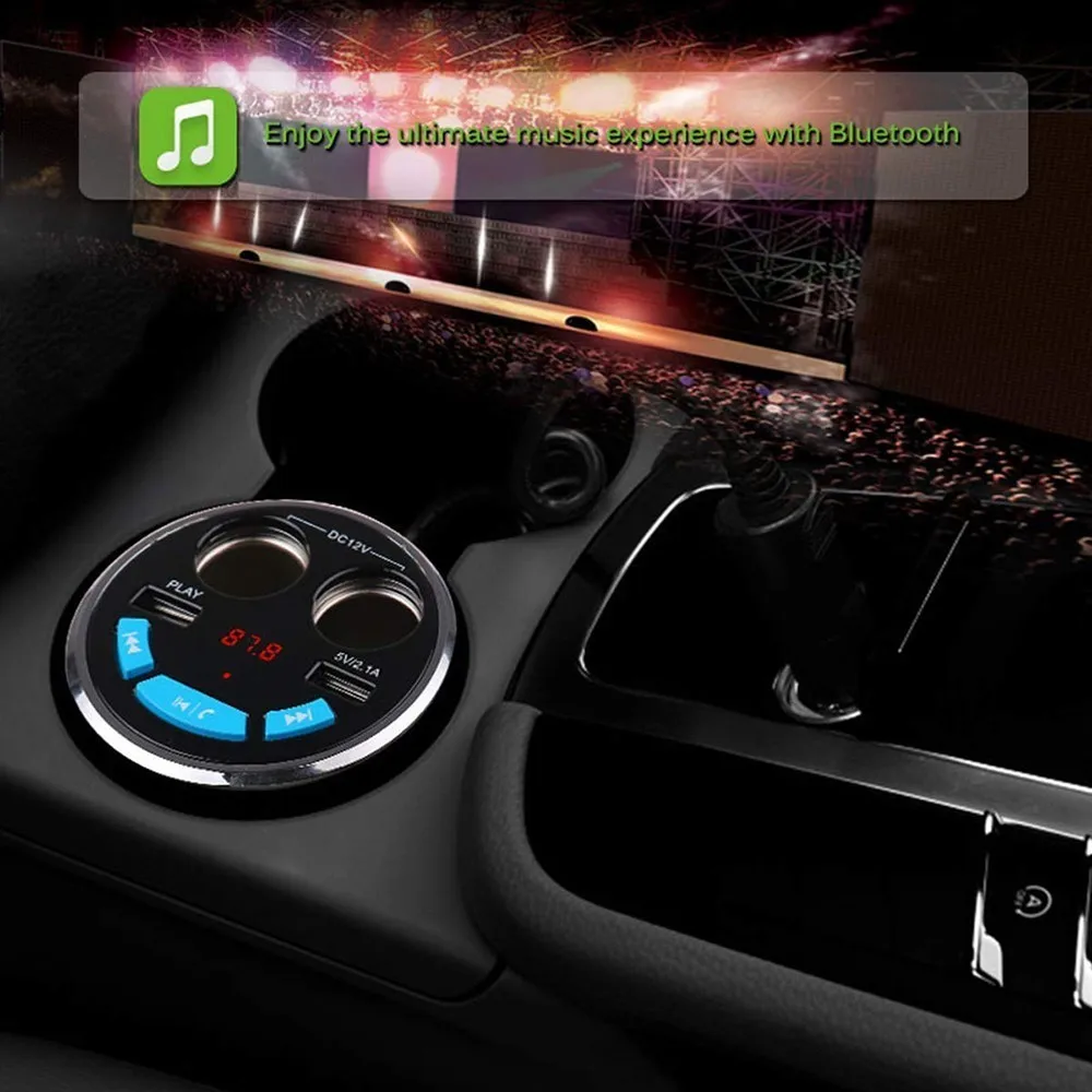 Car Dual USB Charger Cup Cigarette Lighter Socket Charge HUB 12-24V with Bluetooth FM Transmitter Support U Disk TF Card Reading