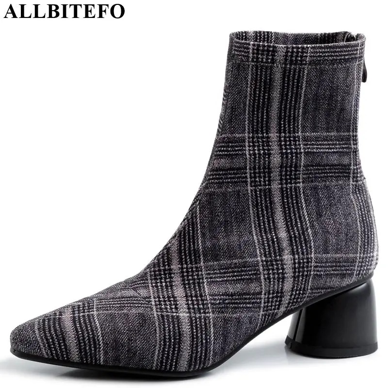 

ALLBITEFO High quality cloth leisure Autumn Winter ankle boots Lattice pattern women boots pointed toe fashion girls boots