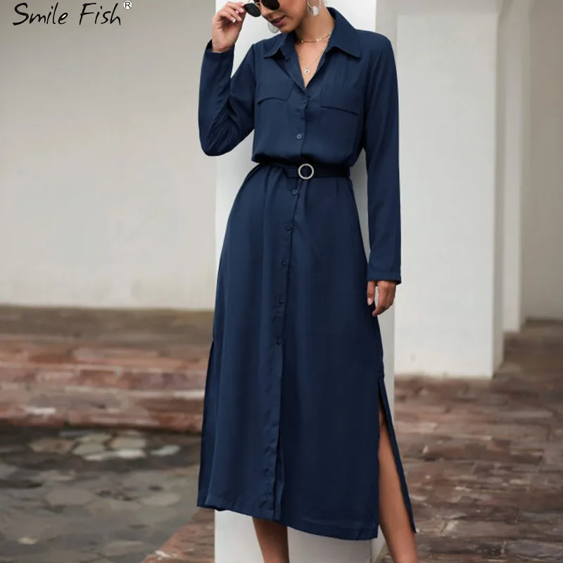 Женская длинная рубашка с отложным воротником однотонное офисное платье темно