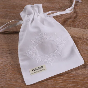 

B018：1piece White Ramie Cotton embroidery Gift Sachet bags Travel storage pouch Drawstring bags