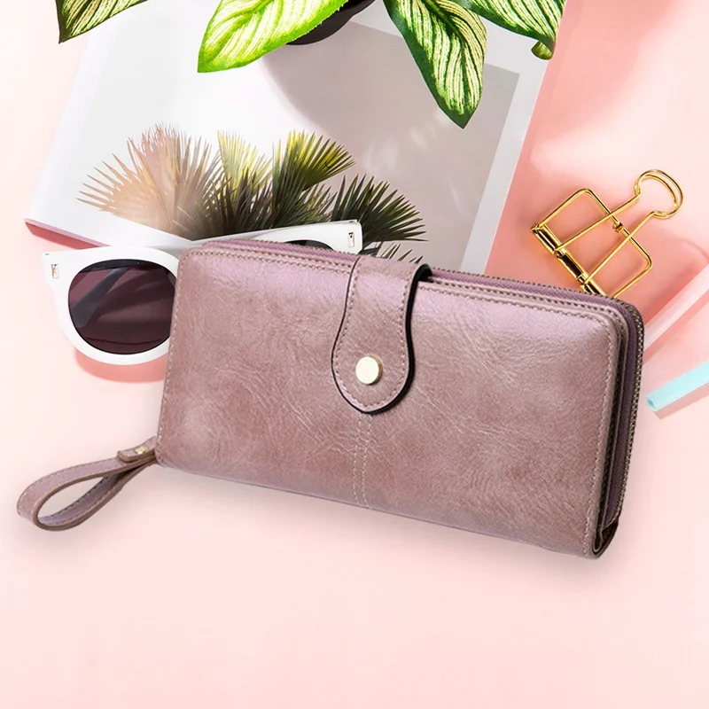 Female Wallet Long Section Thin Oil Wax PU Leather Wallet Hasp Purse Large Capacity Sunflower Hand Clutch Bag Card Holder