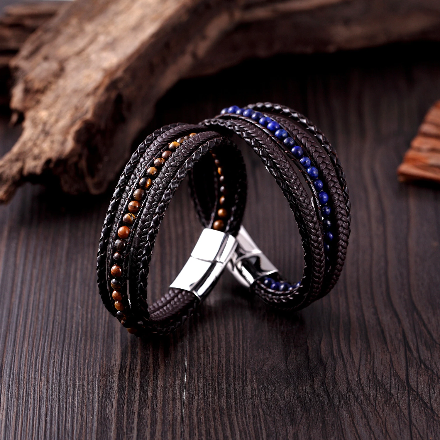 Мужской кожаный браслет 6 мм из натурального камня, тканый многослойный браслет в стиле бохо, мужской браслет ручной работы на магнитной застежке, ювелирное изделие