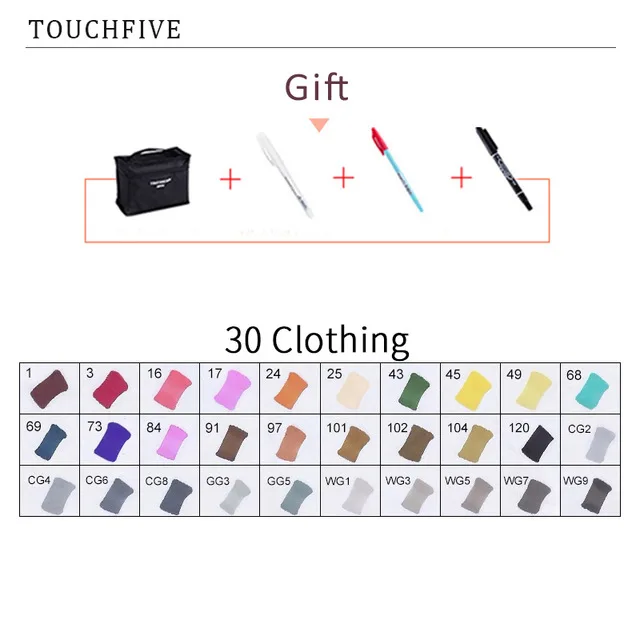 30 CLOTHING TouchFIVE маркер для рисования комплекты 30/40/60/80/168 Цвета аниме студент эскиз конструкции манга спиртовой фломастер для рисования(легкое белое ручки - Color: 30 CLOTHING